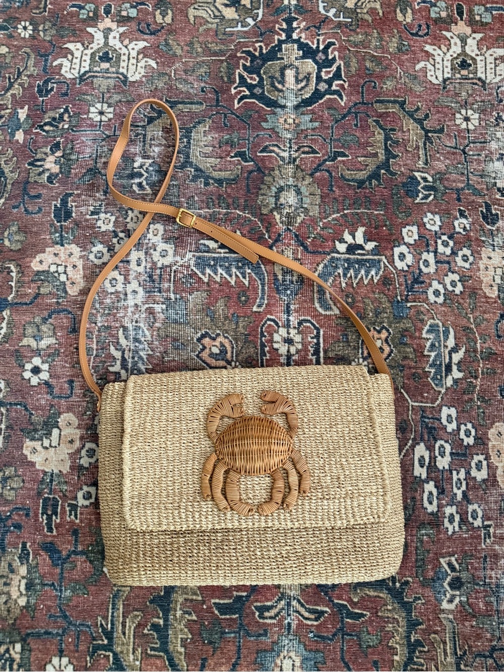 Straw Crossbody Bag with Crab Accent - Tan